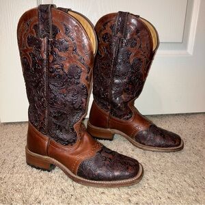 BOULET Boots HAND TOOLED Cowgirl BROWN / BLACK - Sz 7 C Made in Canada NICE!